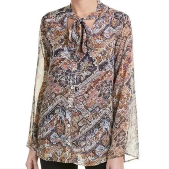 Show Me Your MuMu Taylor Tie Boho Top Blouse Chiffon Small Brown Blue - Picture 1 of 10